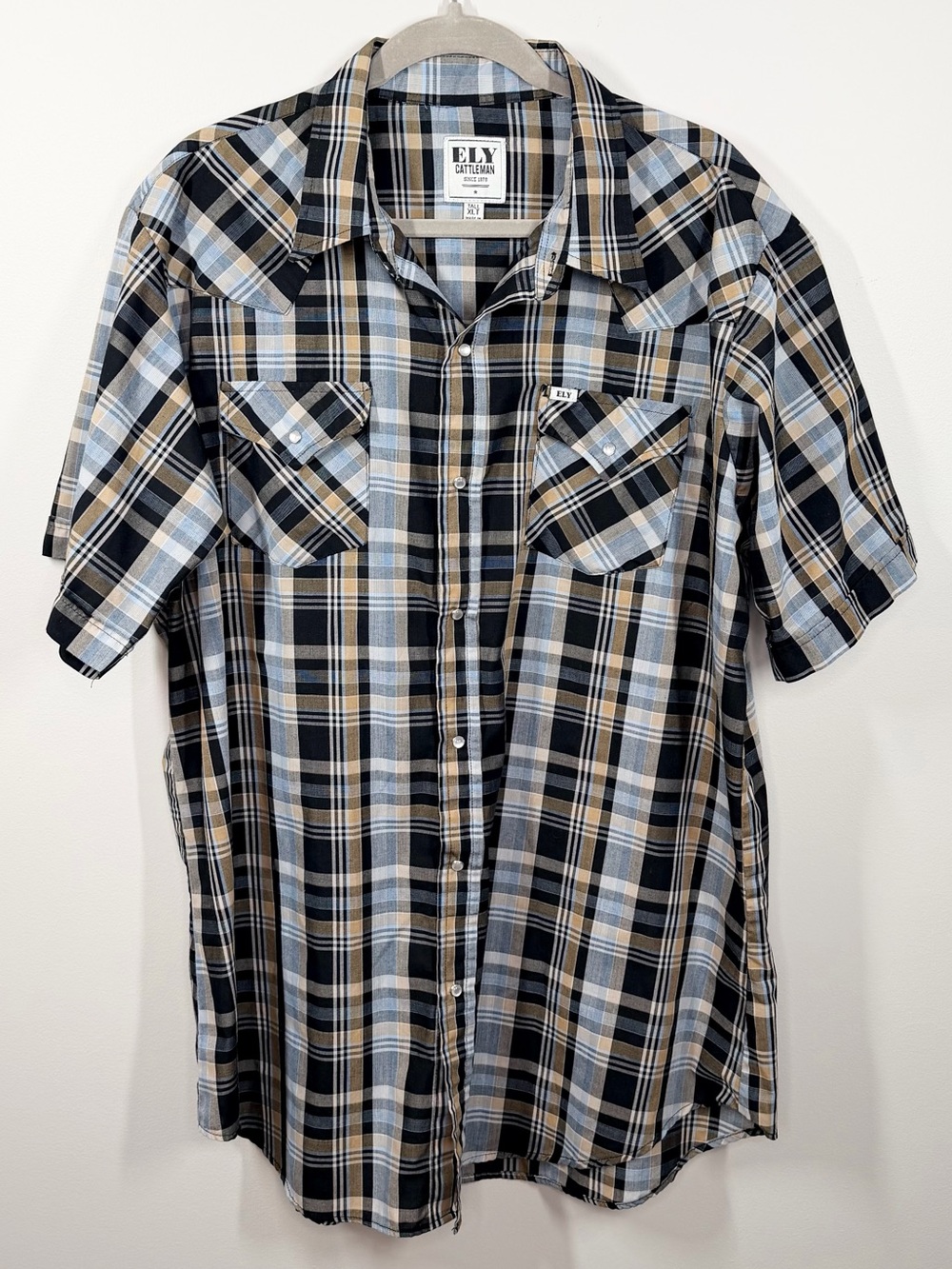 Ely Cattleman Plaid Western Pearl Snap Shirt Short Sleeve Tall XLT